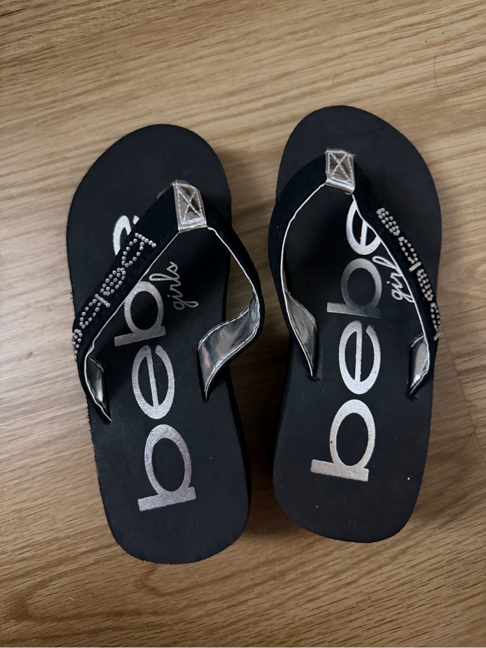 bebe Black Flip Flops with Silver Accents and Rhinestones